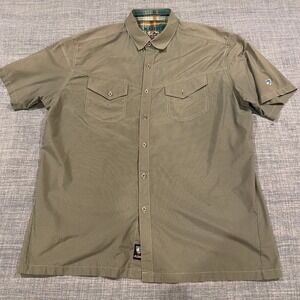 Kuhl Eluxur Mens XL Short Sleeve Button Down Shirt Green Plaid Trim Hiking FLAWS